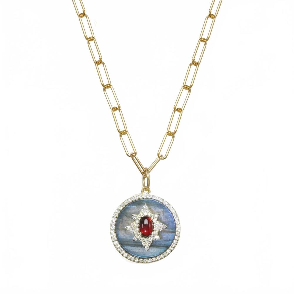 NEW RACHEL REINHARDT women's labradorite and garnet pendant necklace in gold